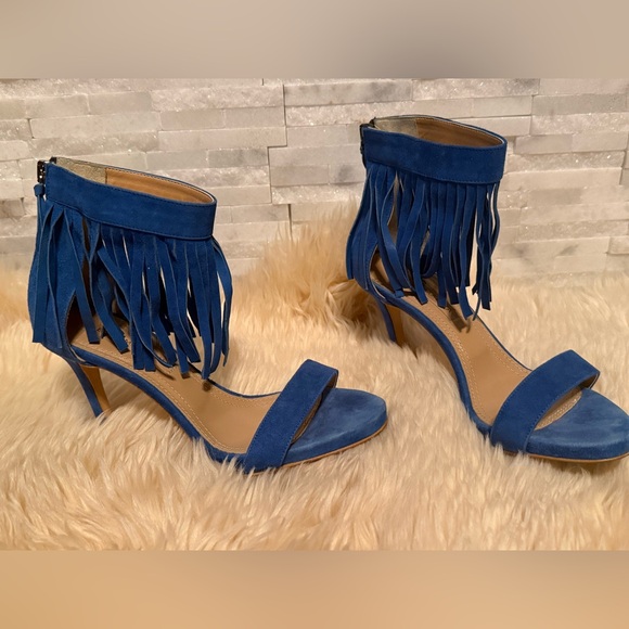 BCBGMaxAzria Shoes - BCBGMaxAzria Blue Suede Fringe Ankle-Strap Heels